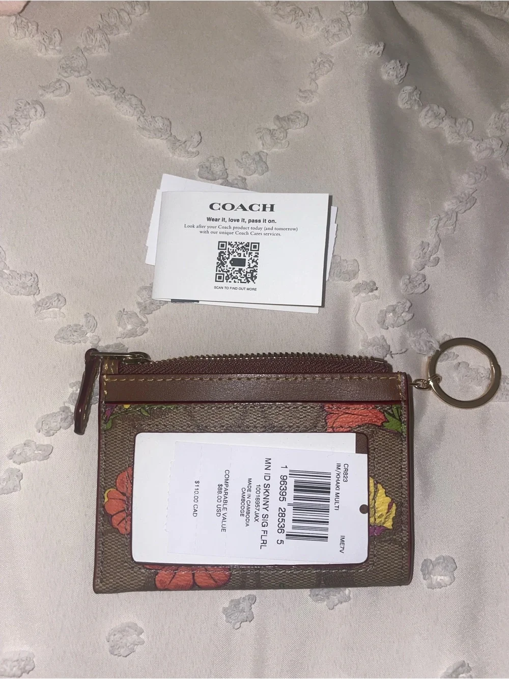 Coach Brown Floral Signature Zip Card Case Keyring